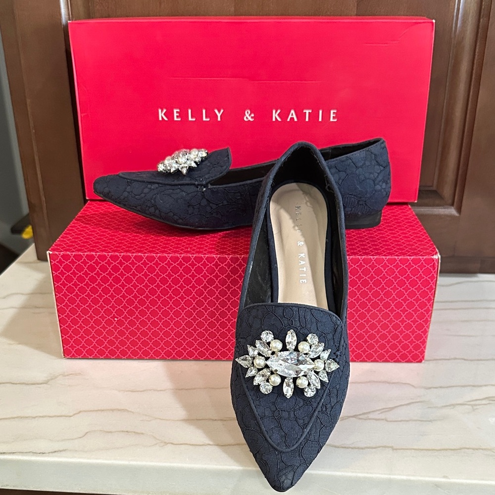 Kelly & Katie Navy Flats with Crystal Accent